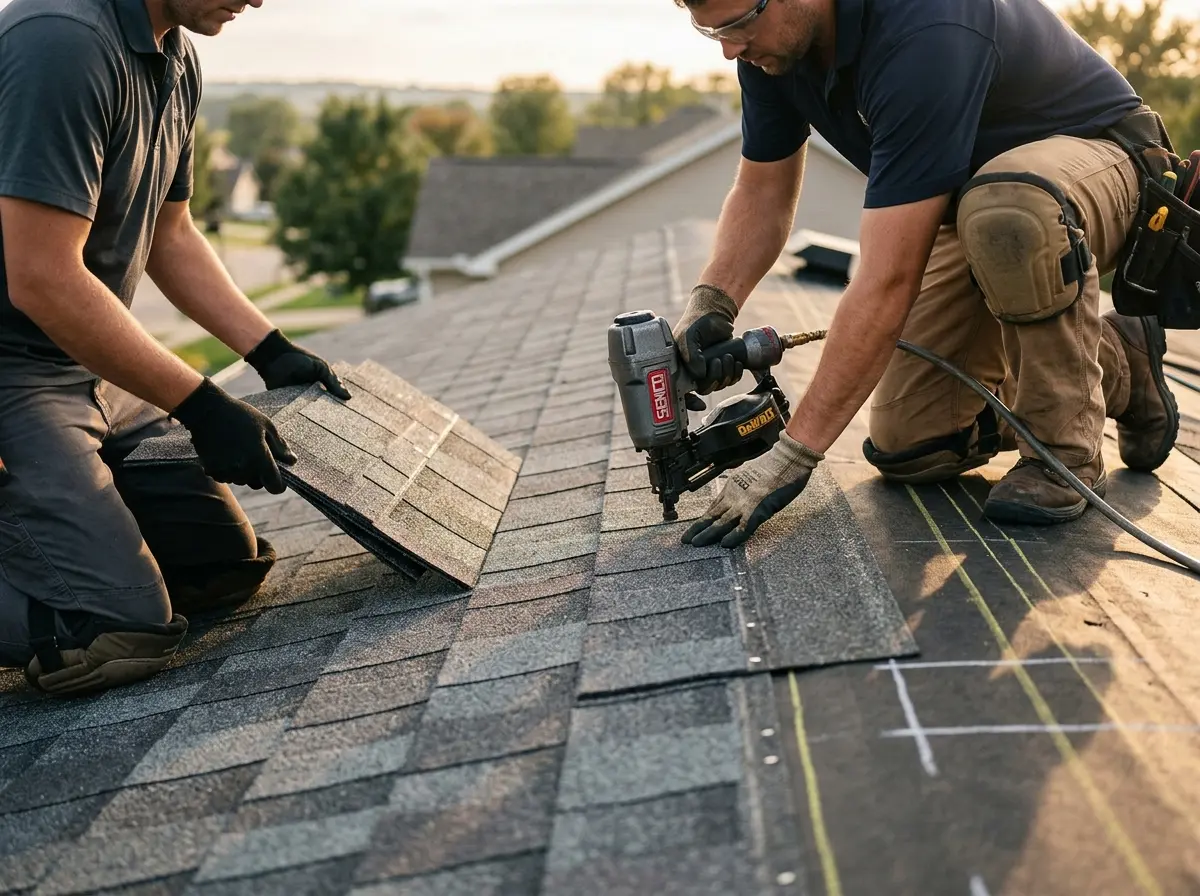 Professional roofer working on a residential roof in Evergreen